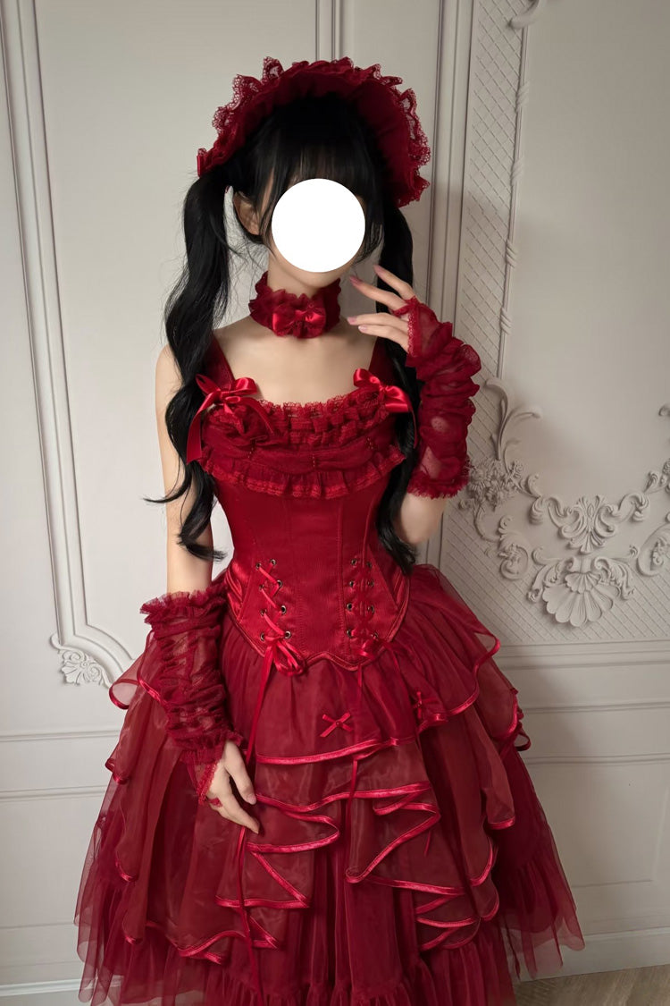Red The Summer Waves Sparkle Square Collar Sleeveless Multi-Layered Ruffled Bow Lace-Up Slim Classic Lolita Skirt Set