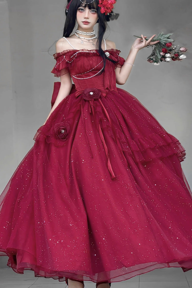 Red Bright Stars Off Shoulder Ruffle Bowknot Asymmetric Sweet Elegant Princess Lolita Dress