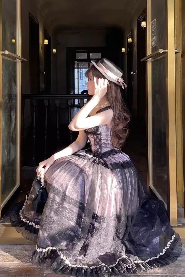 Grey/Pink Mist-shrouded Vineyard Sleeveless Ruffle Bowknot Lace-Up Sweet Lolita Jsk Skirt Dress Set