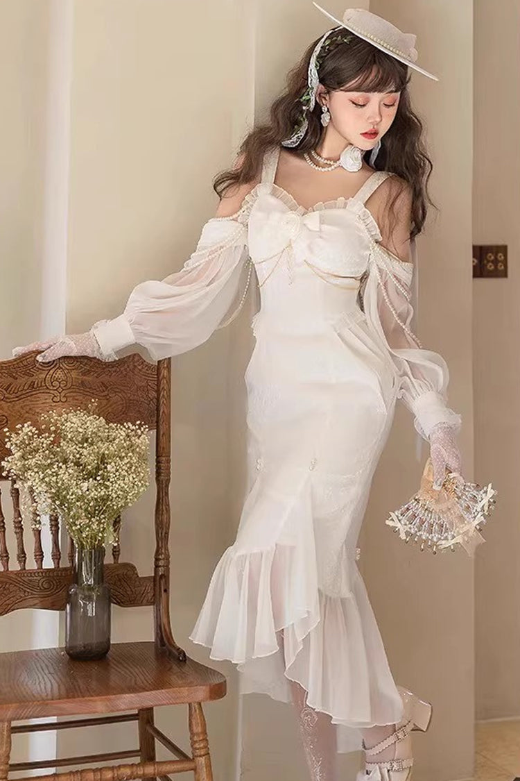 White Camellia 1.0 Sleeveless Jacquard Ruffle Lace Sweet Chinese Style Lolita Jsk Fishtail Dress