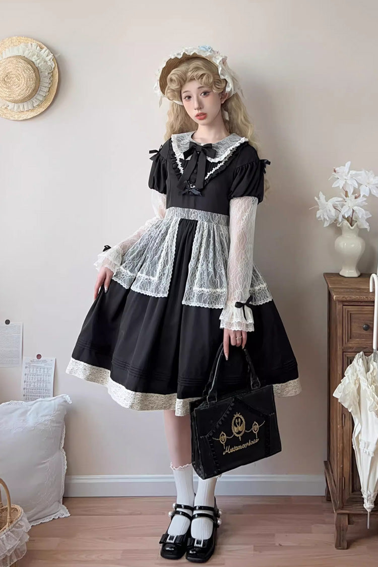 Black Mist over Flowers Along the Path Lapel Collar Long Sleeves Embroidery Bowknot Lace Sweet Lolita Dress