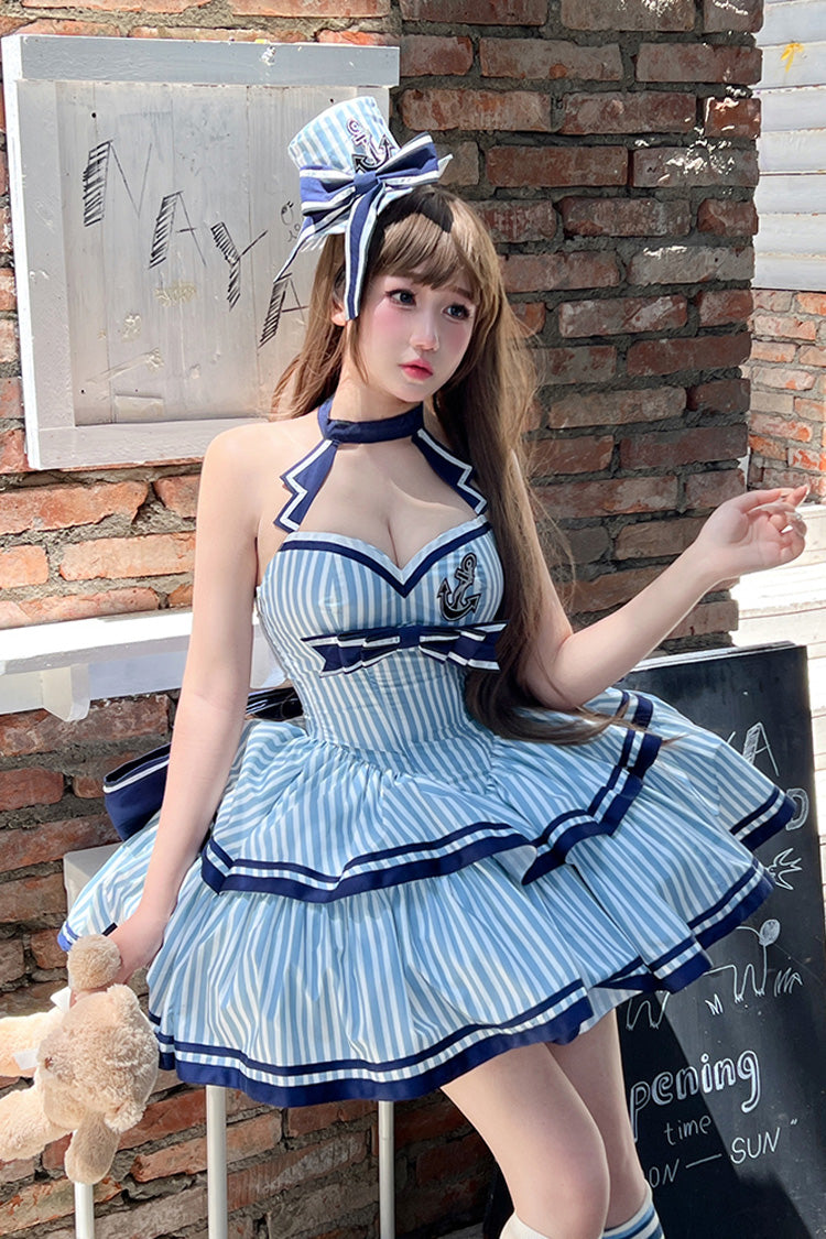 Blue Sailing Sweetheart Double-Layered Vertical Stripes Print Ruffle Bowknot Sweet Lolita Dress