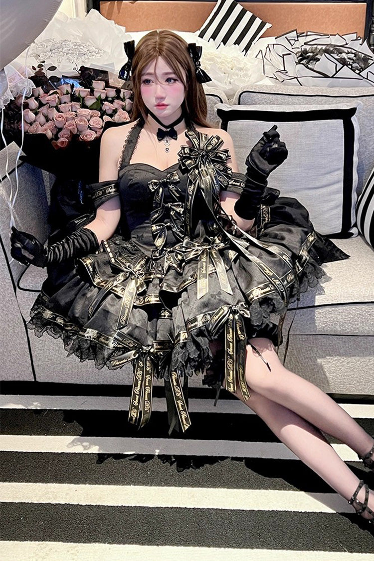 Black Young Lady Halterneck Sleeveless Multi-Layered Ruffle Bowknot Elegant Princess Gothic Lolita Dress