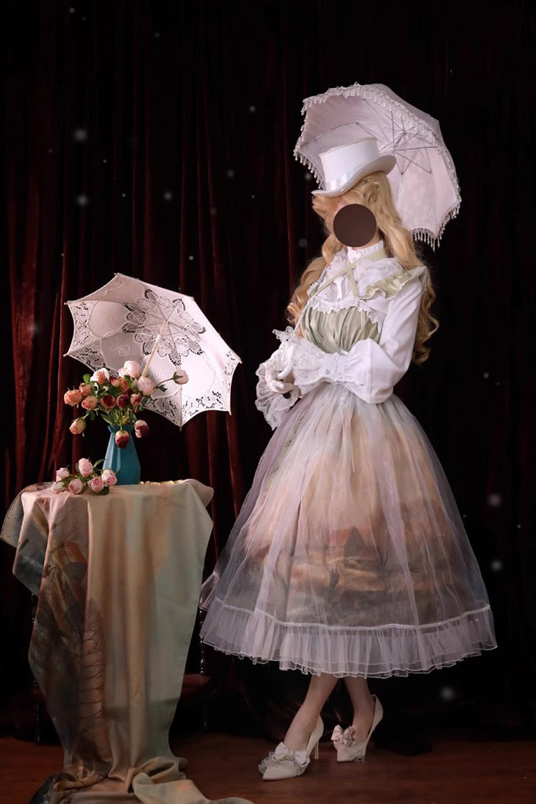 Village Print Ruffle Lace Off Shoulder Elegant Princess Sweet Lolita Jsk Dress 2 Colors