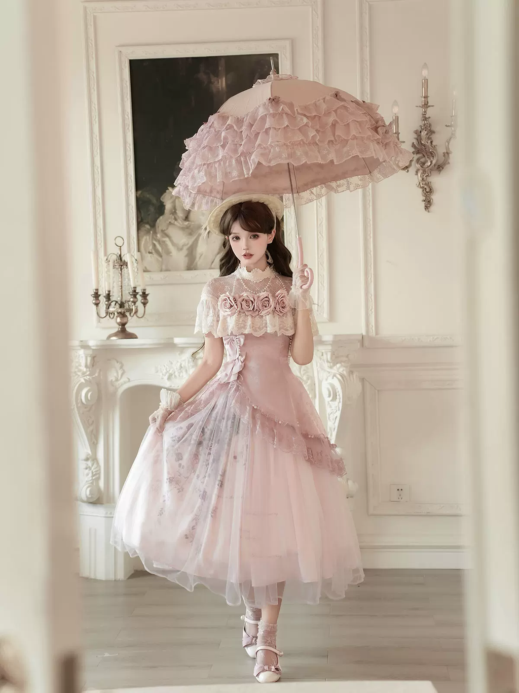 Pink Floral Mesh Lace Ruffled Rose Sweet Princess Vintage Lolita Dress