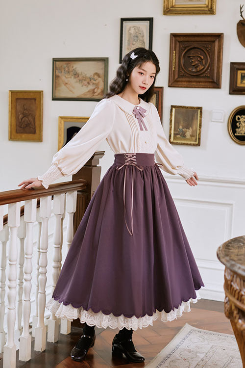Solid Color High Waisted Lace Wave Hem Two Pieces Classic Lolita Dress