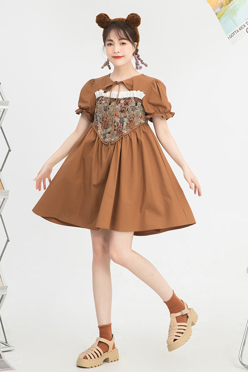 Brown Tie Neck Bear Print Jacquard Panel Bubble Short Sleeves High Waisted Sweet Lolita Dress