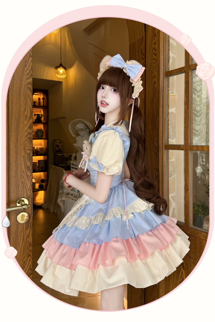 Blue/Pink Cream Puffs Short Puff Sleeves Triple-Layered Ruffle Bowknot Sweet Lolita Dress