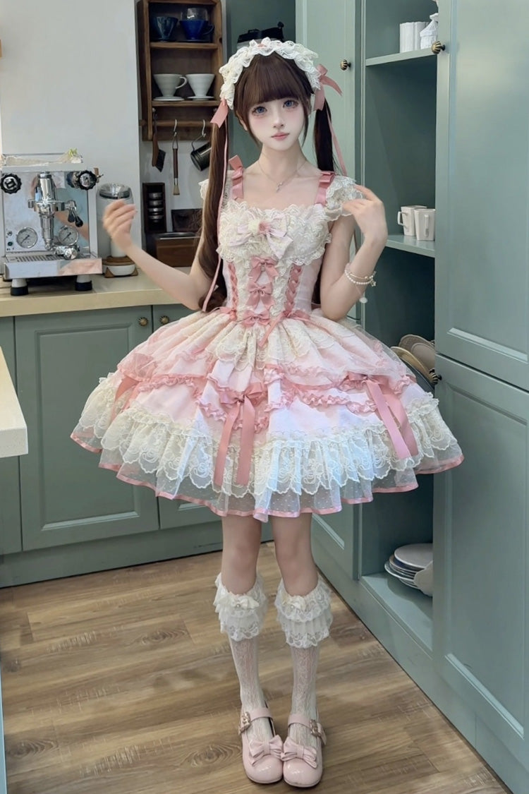 Pink Dreaming Butterfly Multi-Layered Jacquard Ruffle Bowknot Lace Sweet Princess Lolita Jsk Dress