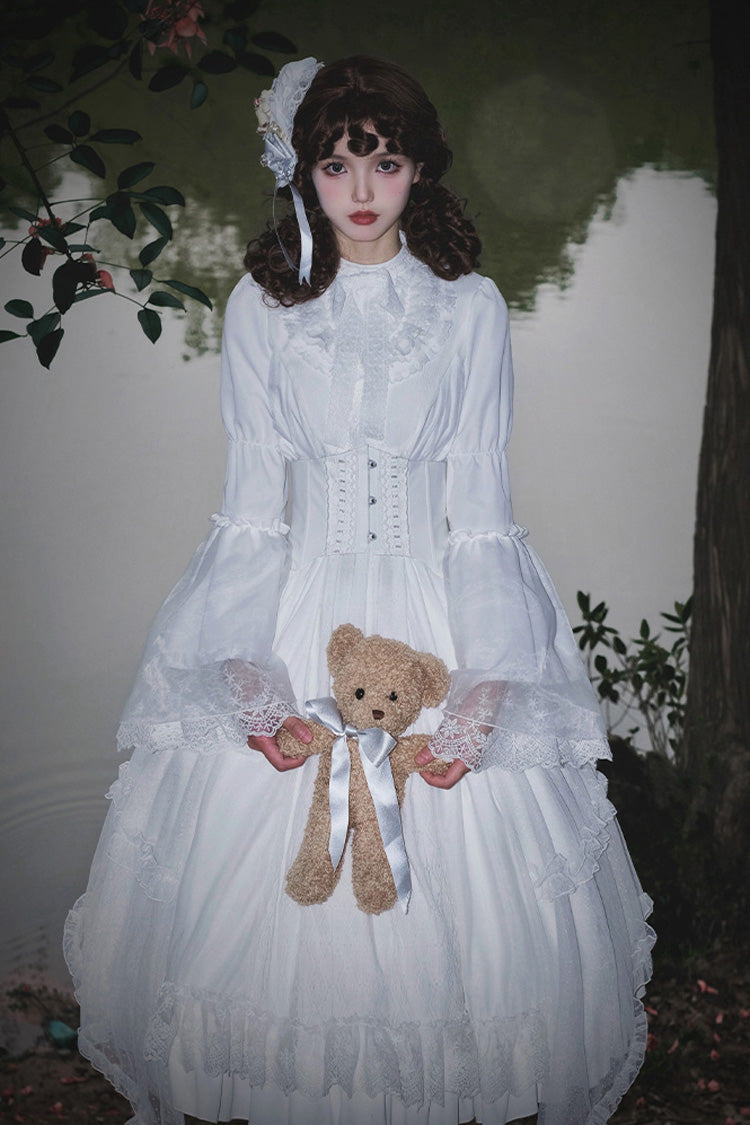 White Requiem Stand Collar Long Sleeves Ruffle Lace Gothic Lolita Dress