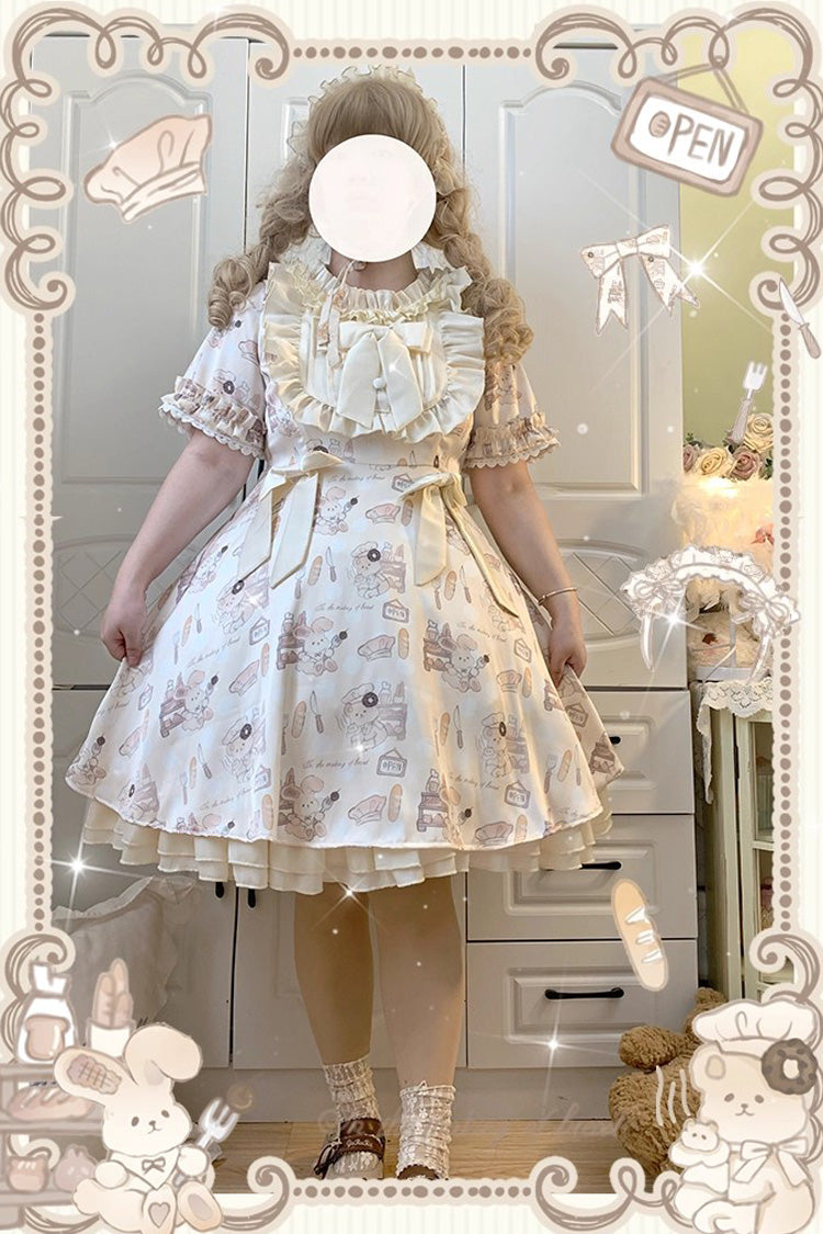 Ivory Short Puff Sleeves Print Ruffle Bowknot Plus Size Princess Lolita Dress
