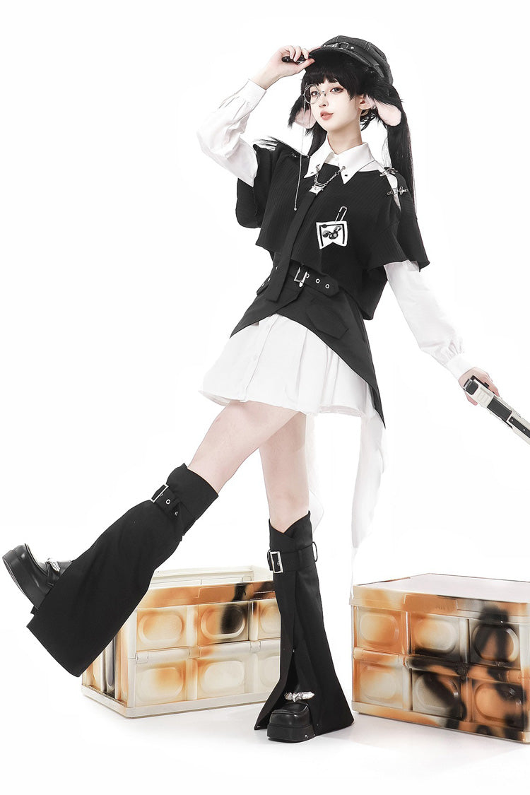 Black/White Cute Rabbit Sheriff Long Sleeves Slim Sweet Military Lolita Dress Set