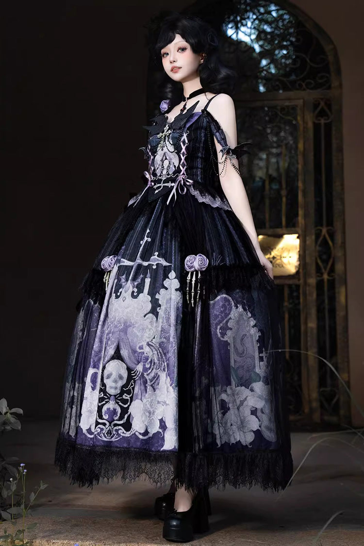 Black/Blue Skull Magic Print Ruffle Bowknot Gothic Elegant Lolita Skirt Two-Piece Set