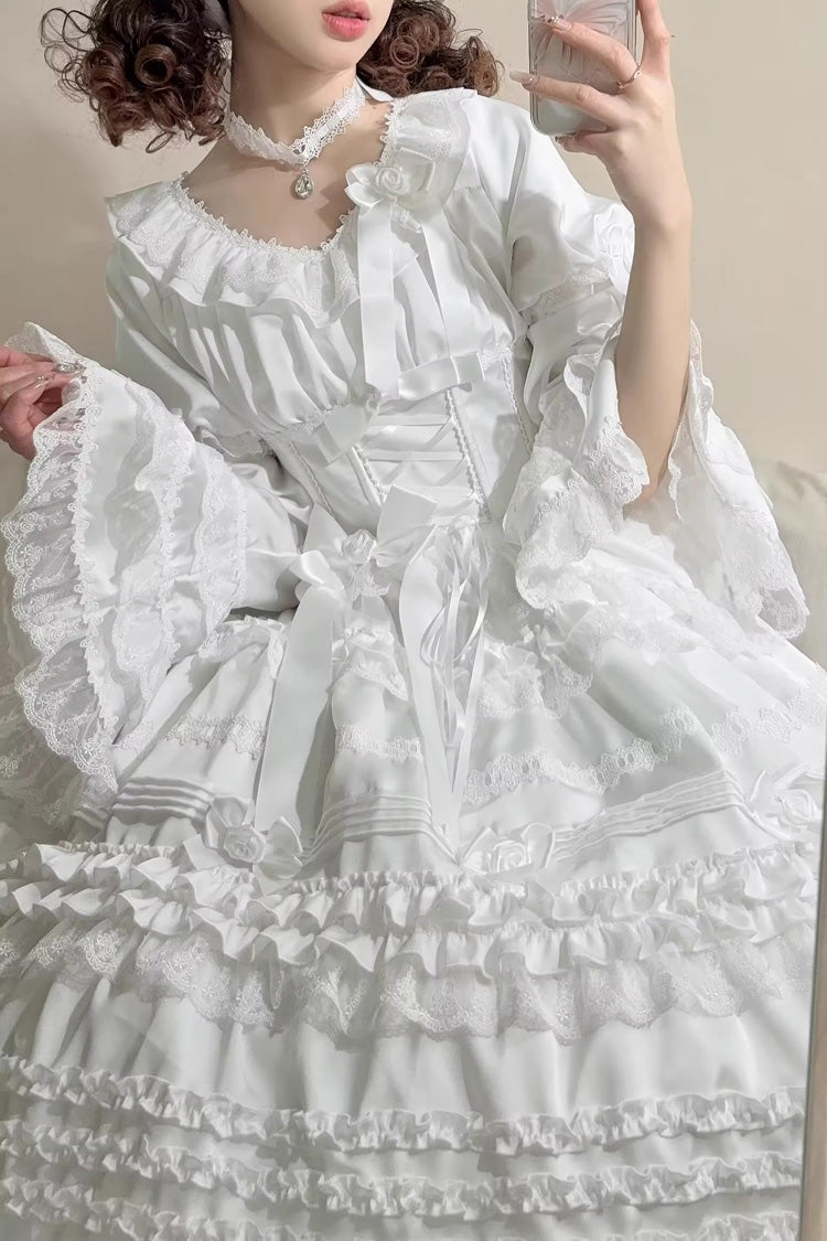 White Layered Buttercream Frosting Short Sleeves Ruffle Bowknot Lace Sweet Lolita Dress