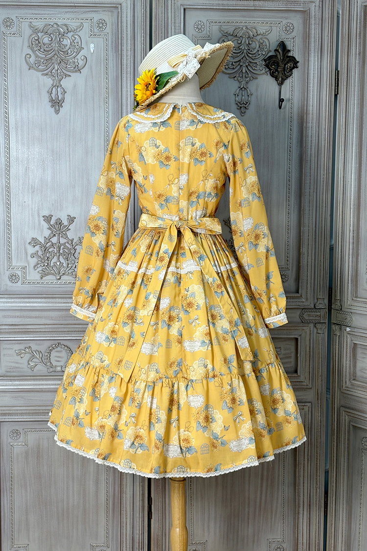 Yellow Gardening Sunflower Long Sleeves Print Ruffle Bowknot Sweet Elegant Lolita Dress