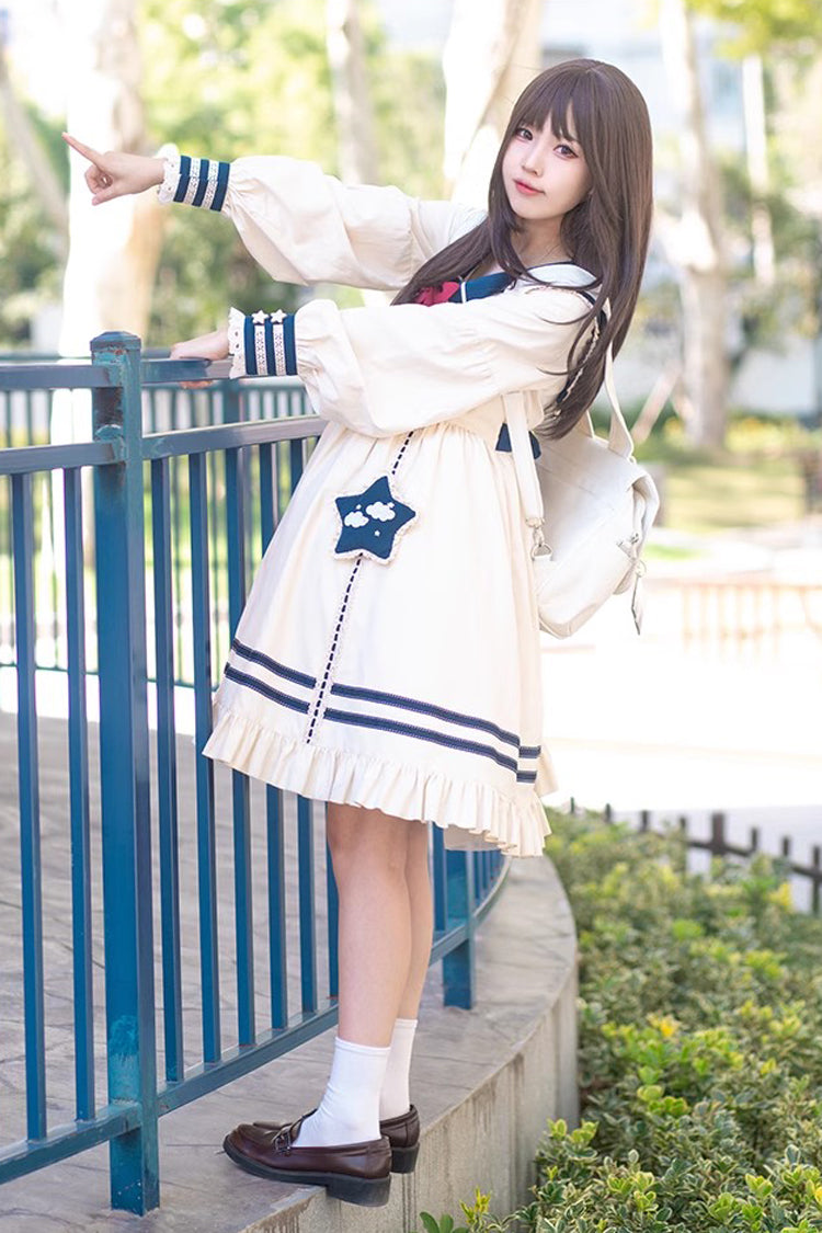 College Navy Style Bowknot Ruffle Long Sleeves Sweet Lolita Dress