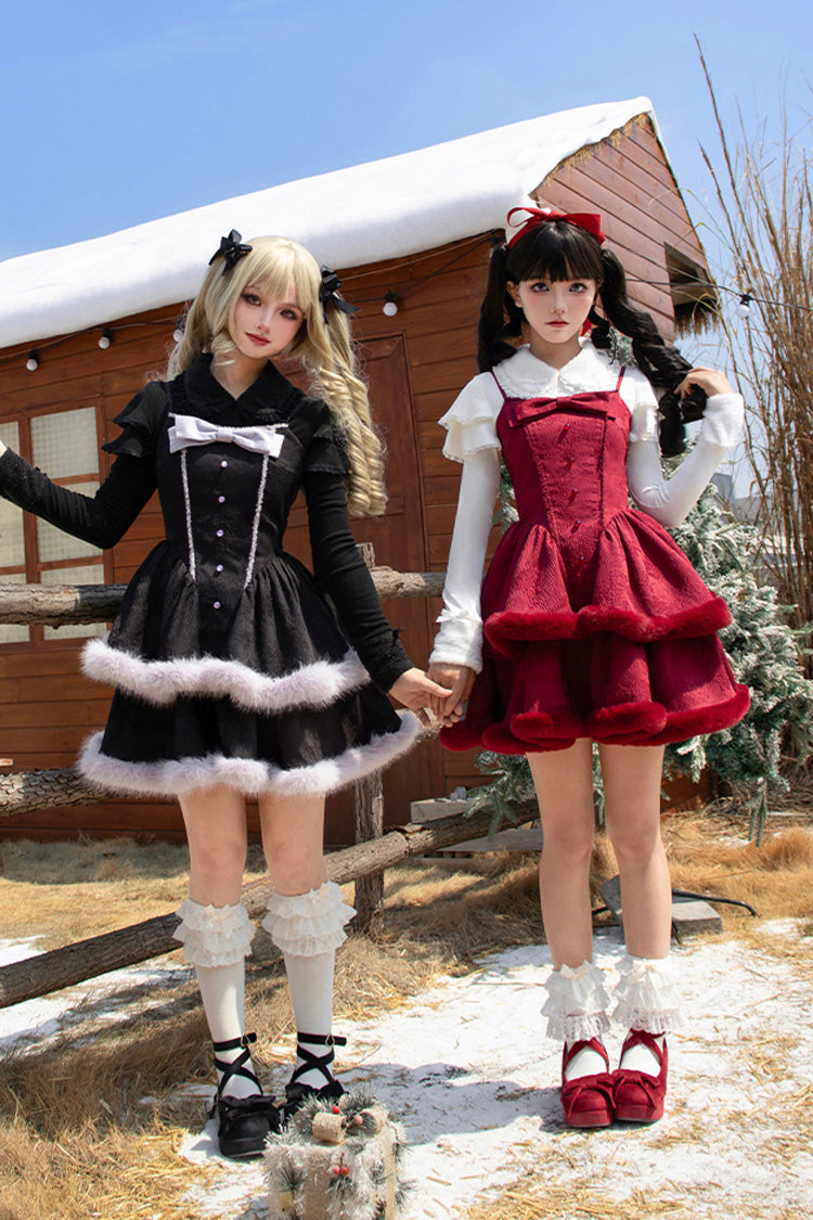 Winter's Wish Double-Layered Jacquard Bowknot Furry Sweet Lolita Jsk Dress 2 Colors