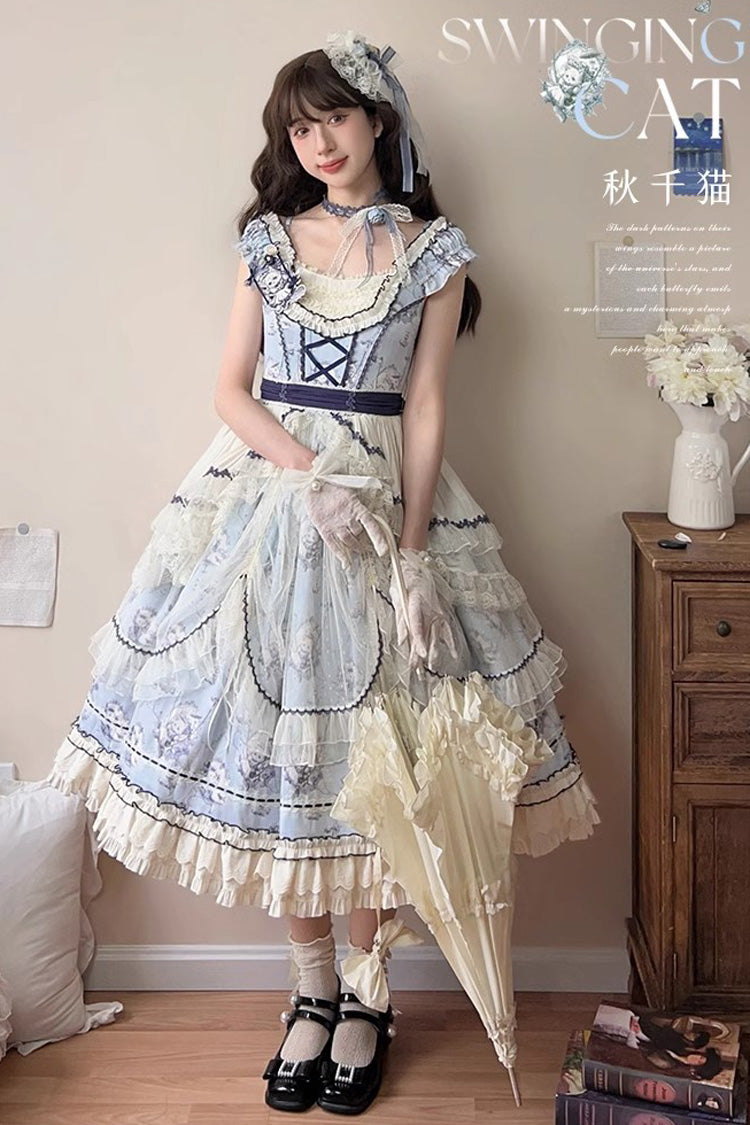 Blue Swing Cat Print Ruffle Bowknot Lace Sweet Elegant Lolita Jsk Dress