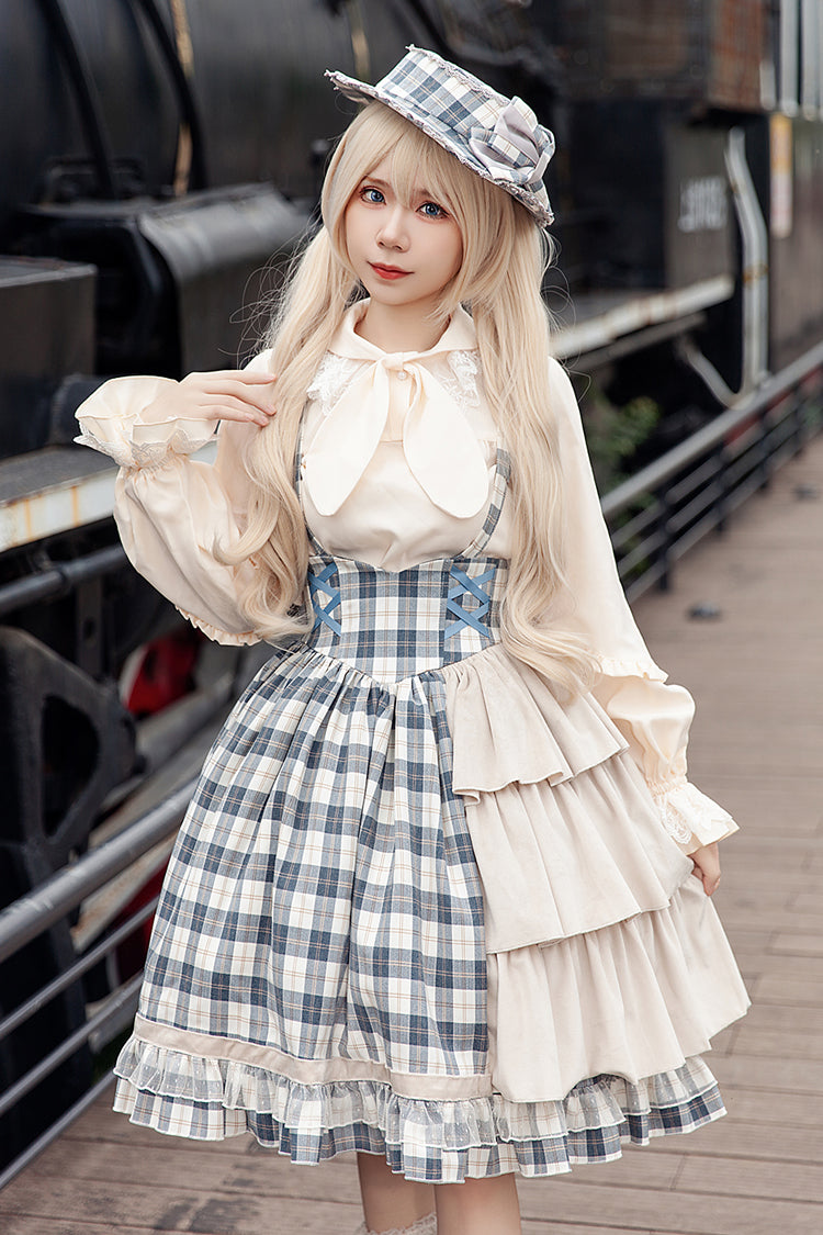 Grey/Blue Morning Tune Sleeveless High Waisted Print Ruffle Asymmetric Sweet Lolita Strap Dress