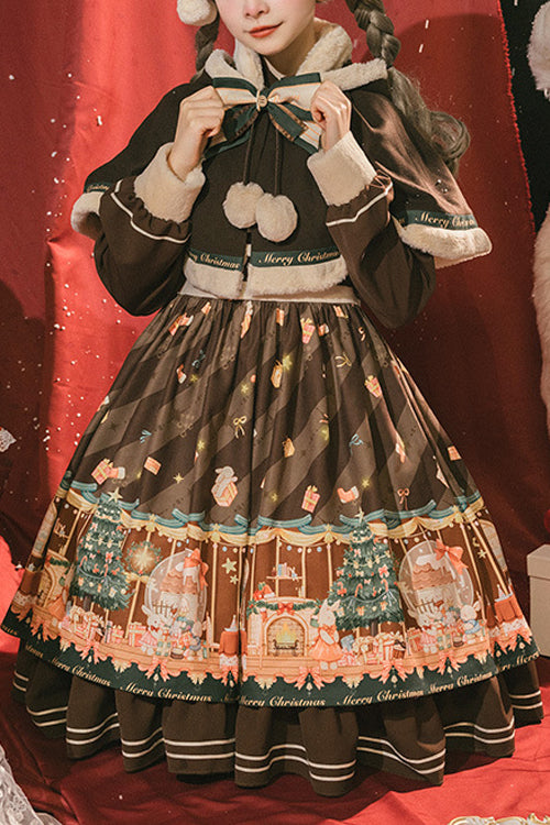 Brown Christmas Gift Print Long Sleeve Sweet Lolita OP Dress