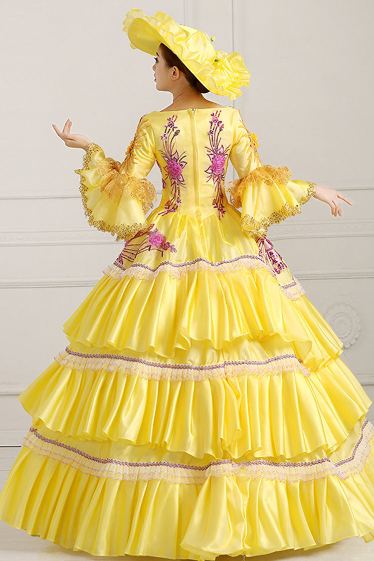 Yellow Half Sleeves Hime Sleeves High Waisted Lace Stitching Hollow Embroidery Floral Print Multi-Layer Victorian Lolita Prom Dress