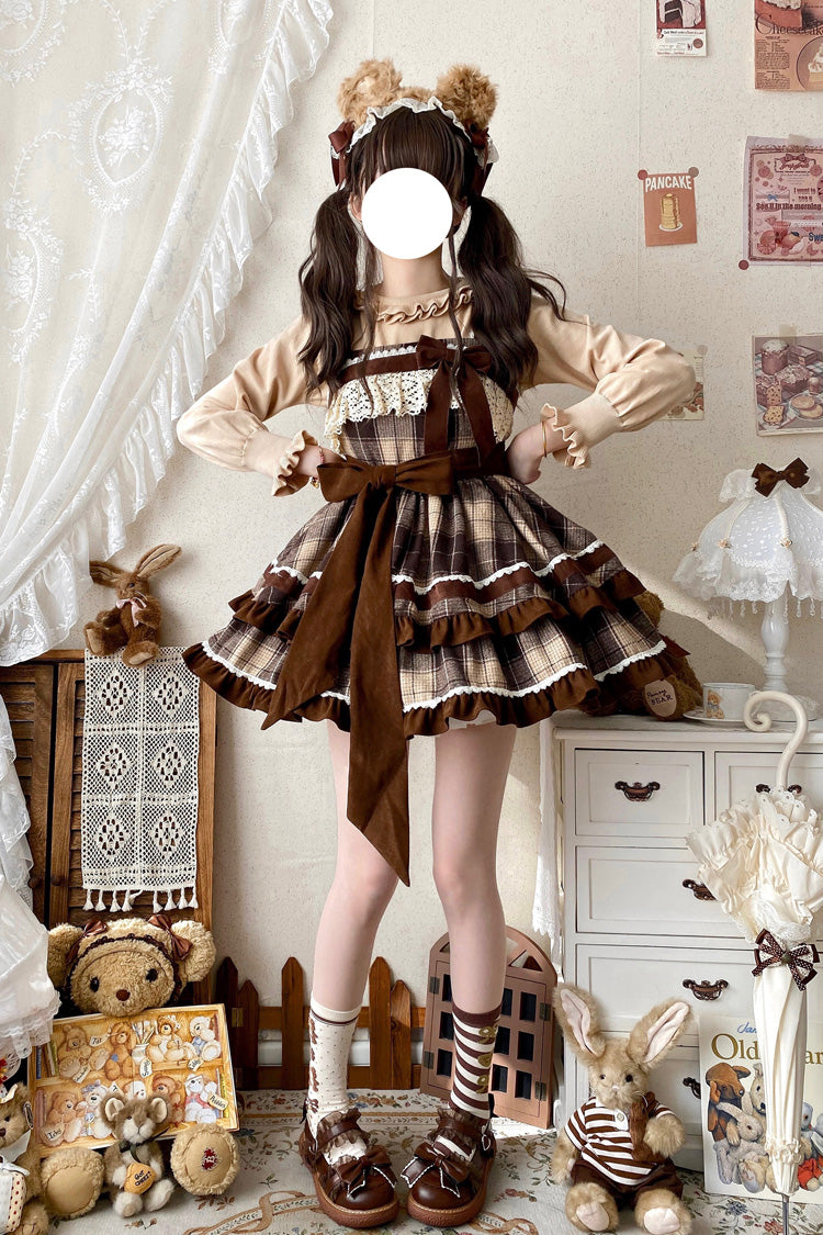 Brown Caramel Cocoa Double-Layered Print Ruffle Bowknot Sweet Lolita Jsk Dress
