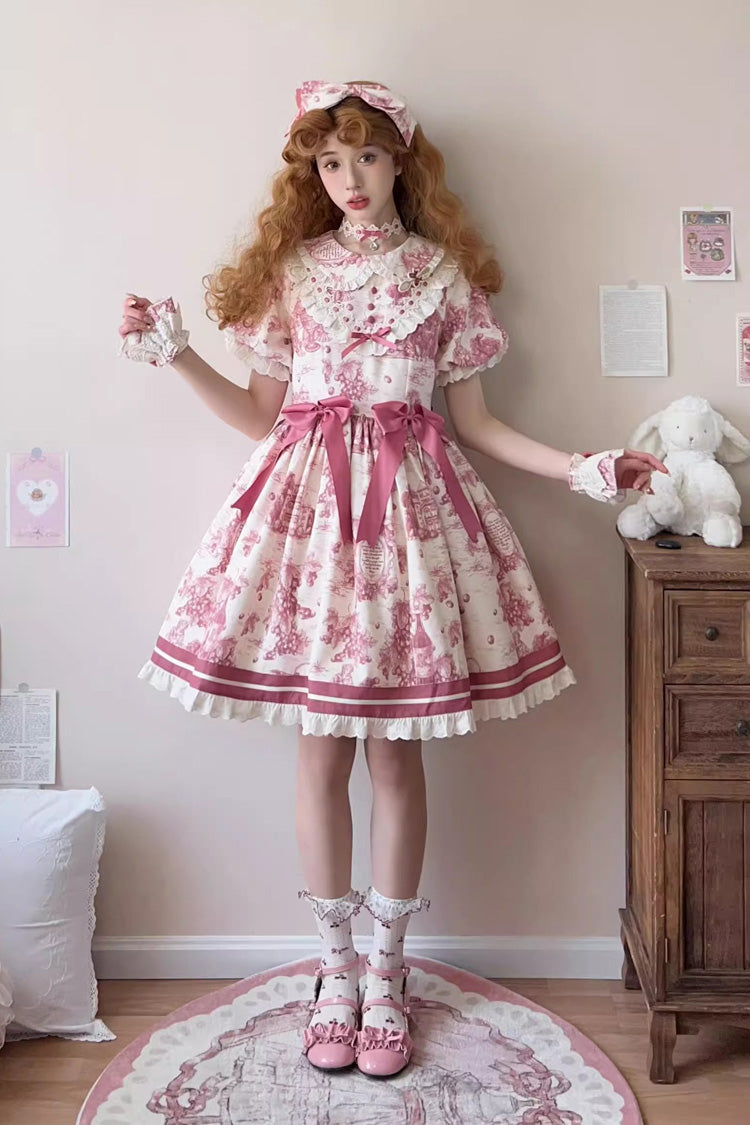 Rose Red Grape Moon Almanac Short Sleeves Multi-Layered Printed Ruffled Bow Sweet Lolita Dress