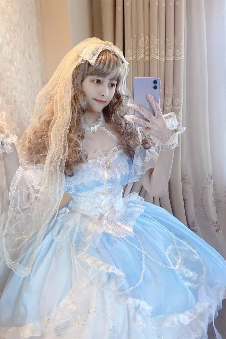 Blue/White The Little Mermaid Off Shoulder Halterneck Hanayome Bowknot Mesh Sweet Elegant Princess Lolita Dress