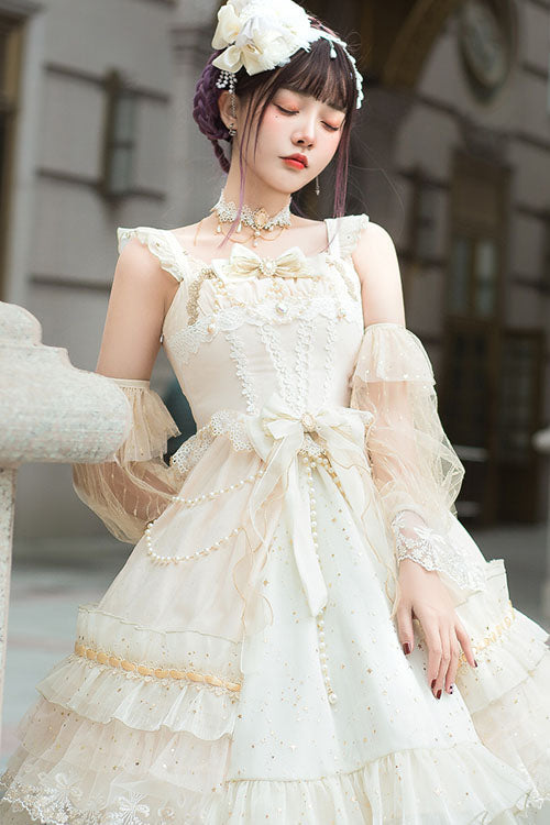 White Starry Night Square Collar Bowknot Multi-Layer Ruffled Cardigan Sweet Lolita JSK Dress