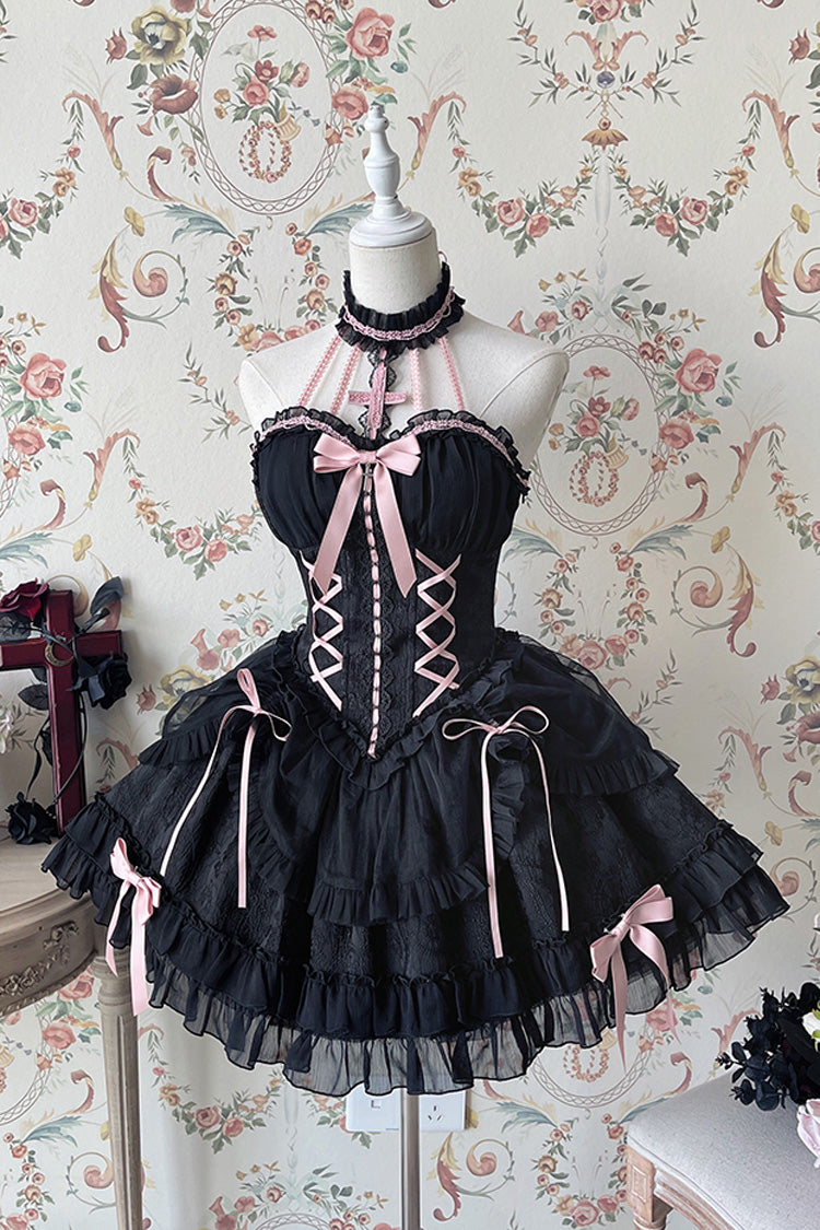 Black/Pink Tube Top Sleeveless Ruffle Bowknot Gothic Lolita Jsk Tiered Dress