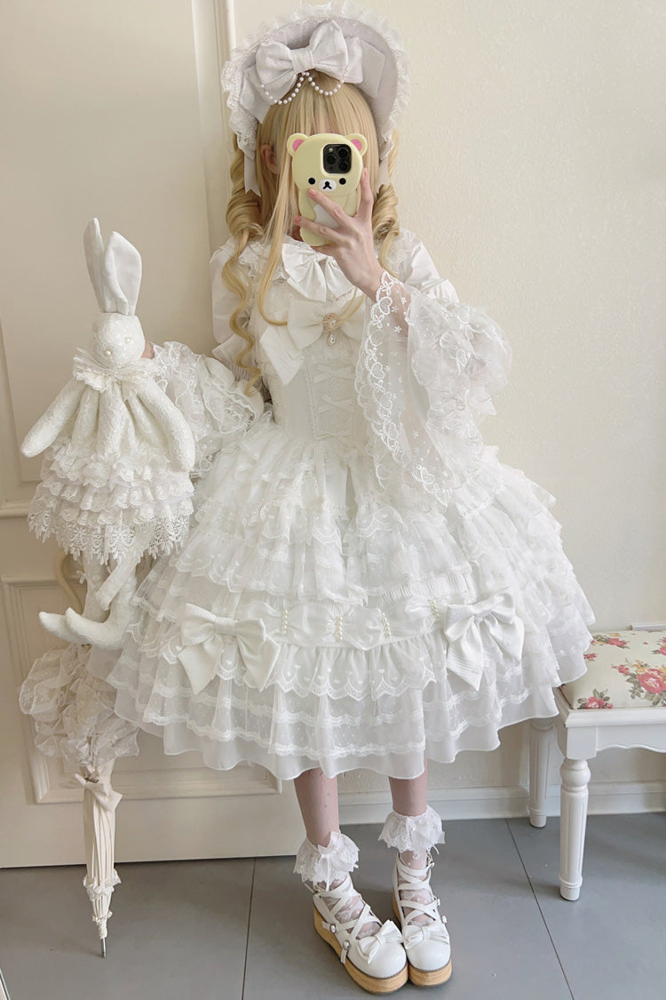 White Dream Prologue Doll Multi-Layered Bowknot Lace Sweet Princess Lolita Dress