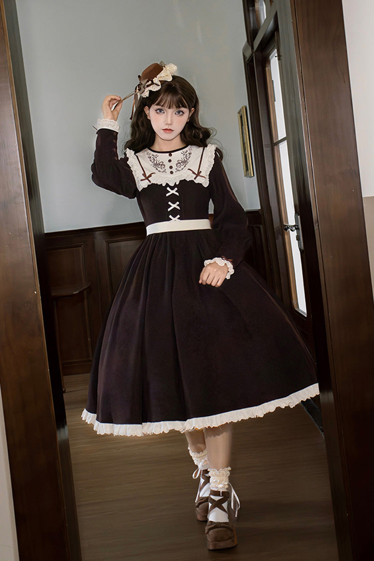 Brown Miss Brown Long Sleeves Ruffle Bouquet Embroidery Sweet Lolita Dress (Long Version)