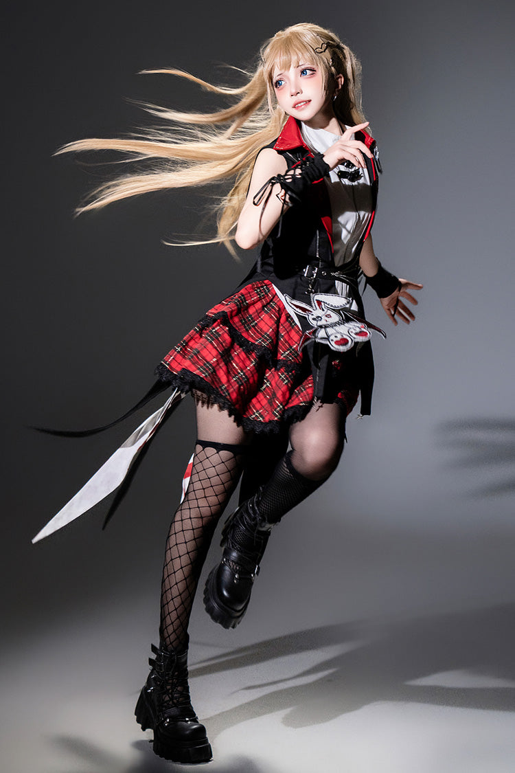 Black/Red Rock Bunny Sleeveless Double-Layered Embroidery Hooded Punk Lolita Skirt Set