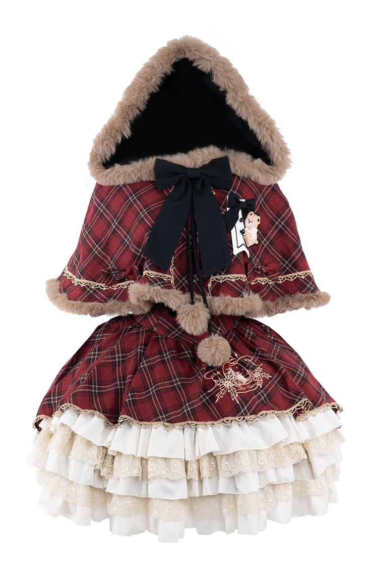 Red Chestnut Bear Cocoa Multi-Layered Christmas Plaid Print Ruffle Bowknot Sweet Lolita Jsk Dress Cloak