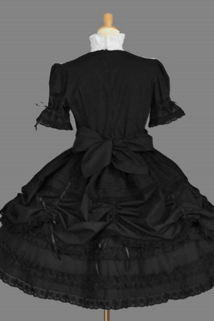 Black/White Cotton Stand Collar Long Sleeves Bowknot Ruffled Multi-Layer Gothic Lolita Dress