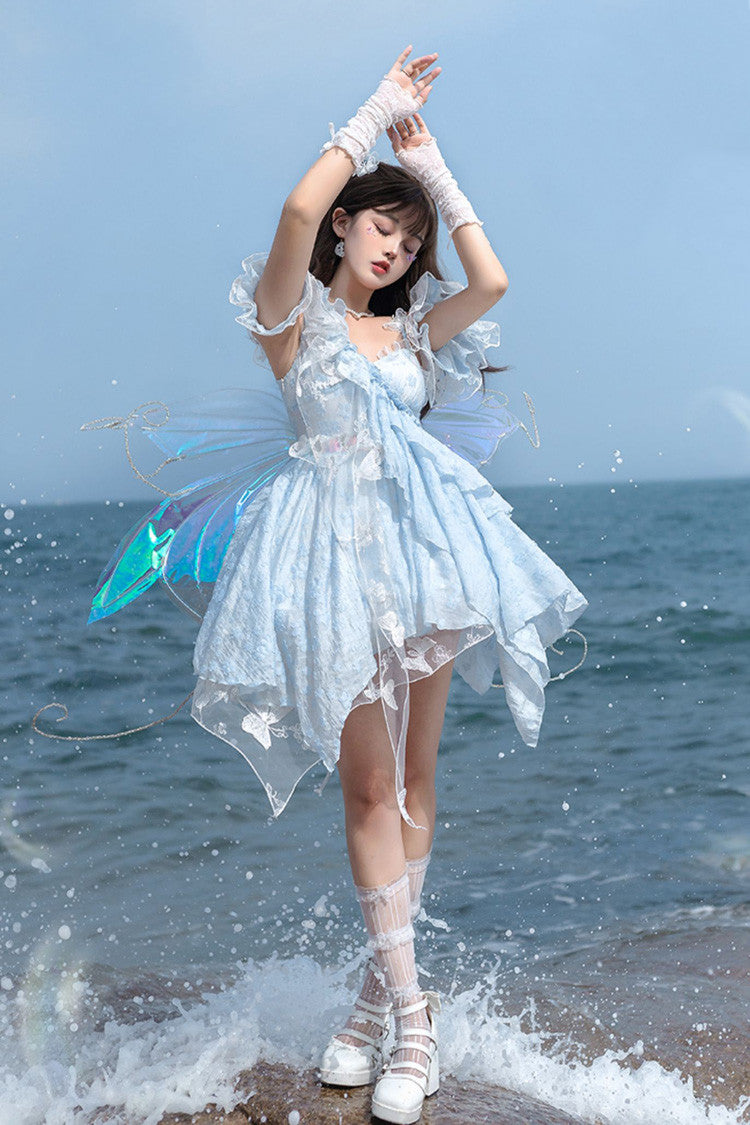 Blue Summer of Bubbles Sleeveless Ruffle Embroidery Lace Irregular Short Sweet Lolita Jsk Dress