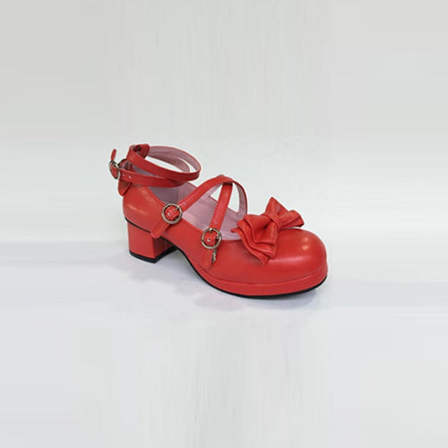 Red Bowknot Circular Buckle Low Heel Lolita Shoes