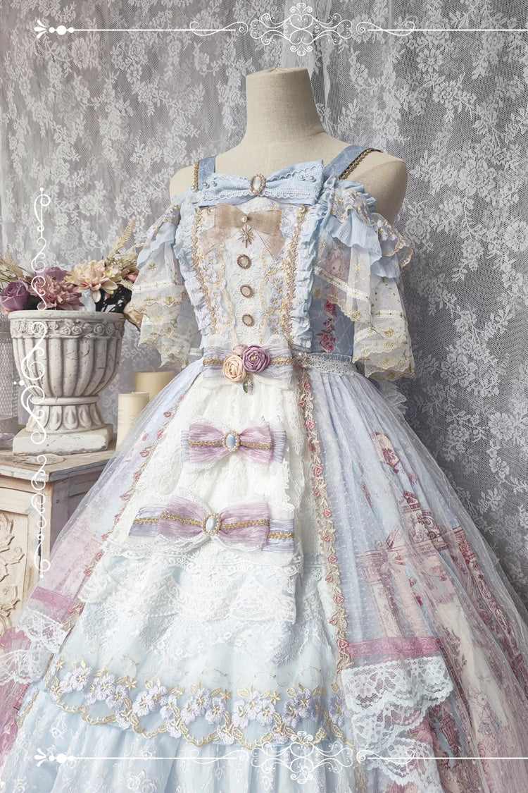 Blue Moonlight Melody Off Shoulder Sleeveless Multi-Layered Hanayome Open-Front Bow Lace Sweet Gorgeous Lolita Jsk Dress Set