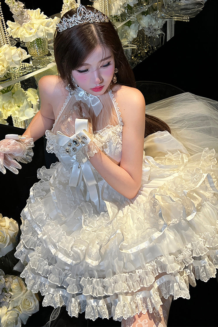 White Love God Bride Halterneck Ruffle Hanayome Bowknot Lace Sweet Princess Lolita Jsk Dress