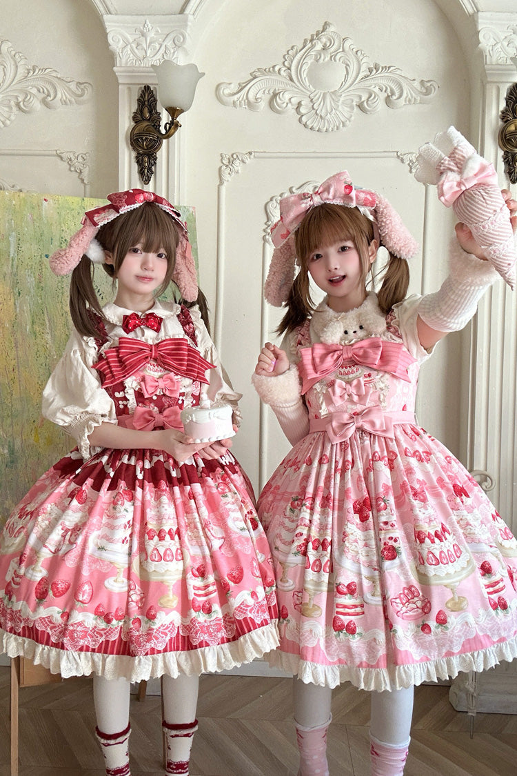 Red/Pink Strawberry Cake Printed Ruffled Bow Daily Sweet Lolita Jsk Dress