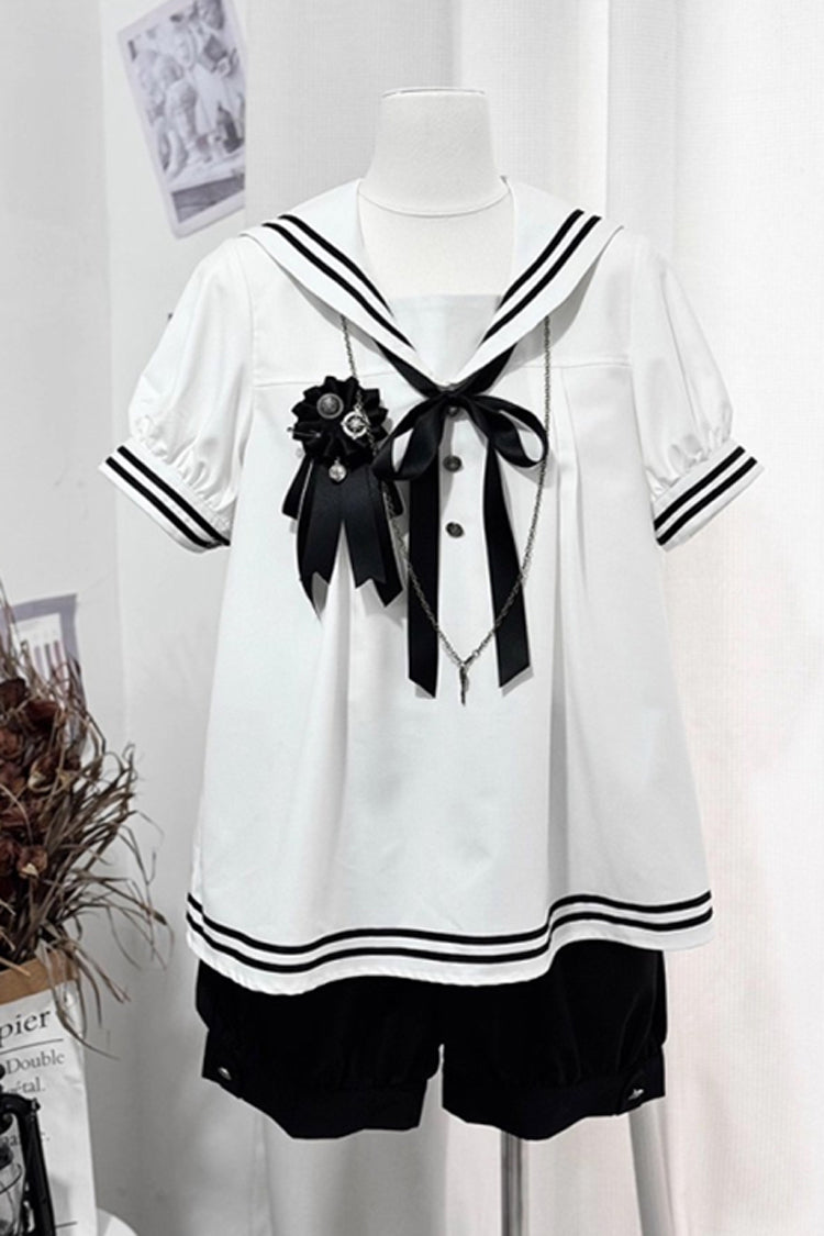 Black/White Old Stories Navy Collar Short Sleeves Bowknot Ouji Gothic Lolita Blouse Shorts Set