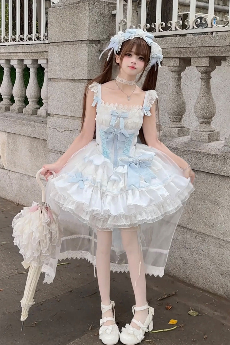 Blue/White Clouds and Mist Multi-Layered Ruffle Bowknot Lace Sweet Princess Lolita Jsk Dress