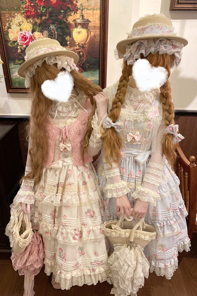 Strawberry Garden Sleeveless Multi-Layered Printed Ruffled Bow Sweet Lolita Jsk Dress 2 Colors