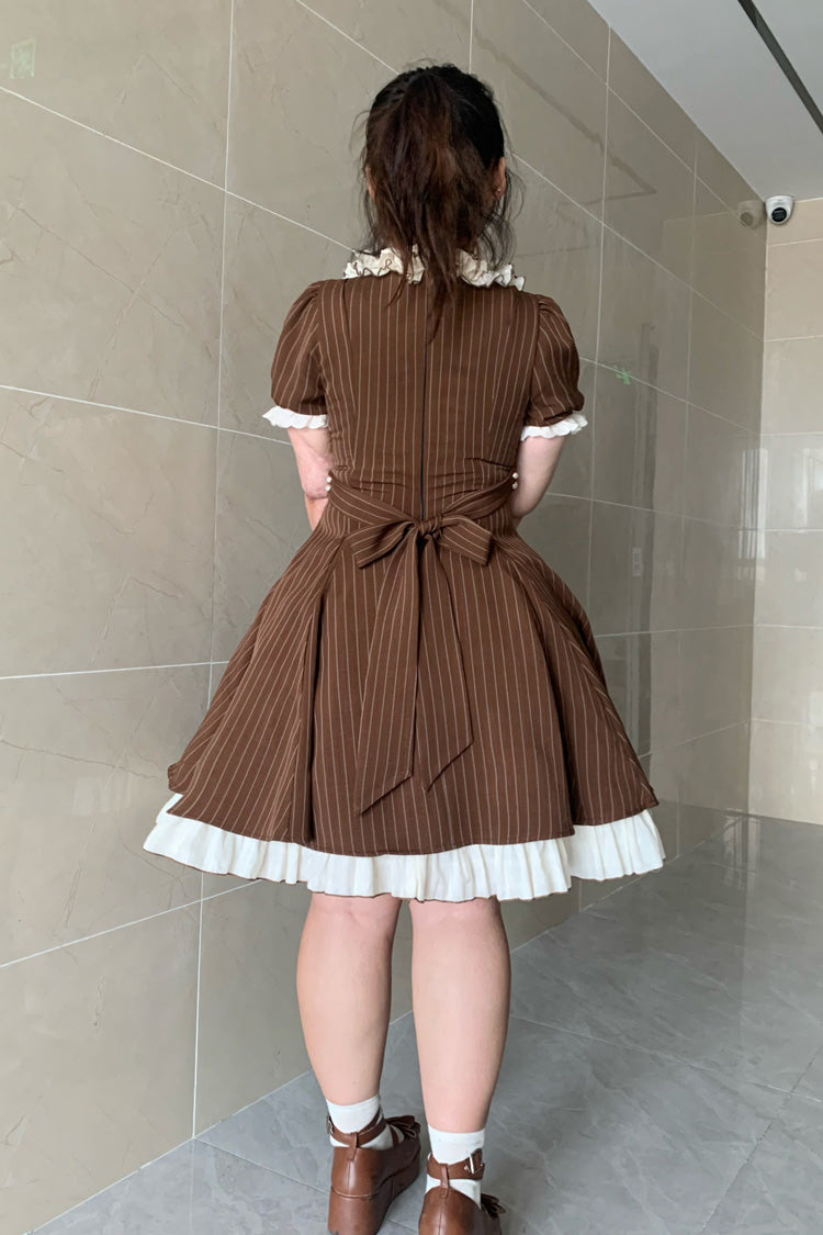 Brown Short Sleeves Stripe Print Ruffle Bowknot Sweet Plus Size Maid Lolita Dress