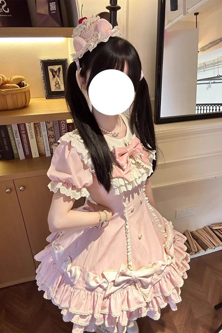 Pink Striped Layered Short Sleeves Multi-Layered Ruffle Bowknot Sweet Princess Lolita Tiered Dress