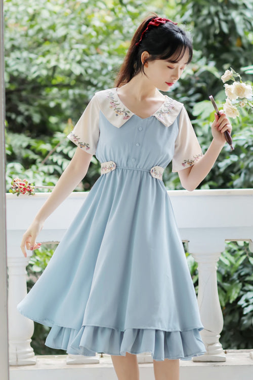 French Style Doll Collar Flower Print Short Sleeve High Waisted Sweet Lolita Dress