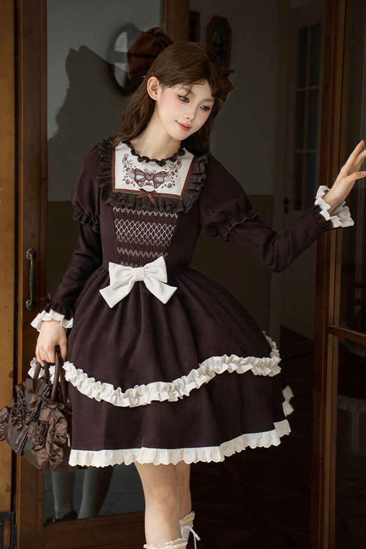 Brown Miss Brown Long Sleeves Double-Layered Ruffle Bouquet Embroidery Bowknot Sweet Lolita Dress (Short Version)