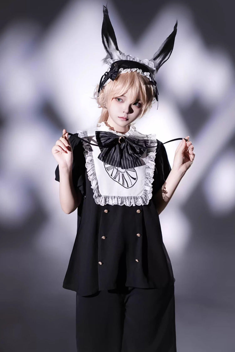 Black/White Rabbit Hole Long Sleeves Bow Gothic Prince Ouji Lolita Set