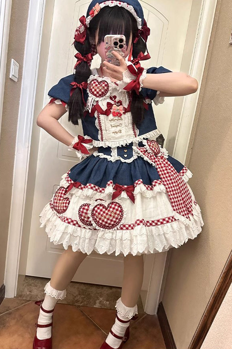 White/Blue/Red Peach Heart Lilith Ruffle Bowknot Lace Lace-Up Sweet Lolita Skirt Set