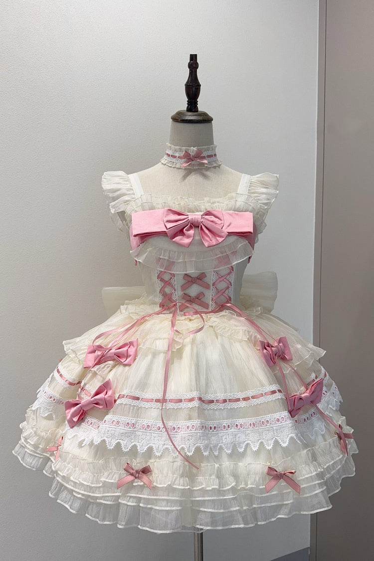 Apricot/Pink Prelude to Spring Song Sleeveless Multi-Layered Ruffle Bowknot Lace Sweet Princess Ballet Lolita Jsk Dress